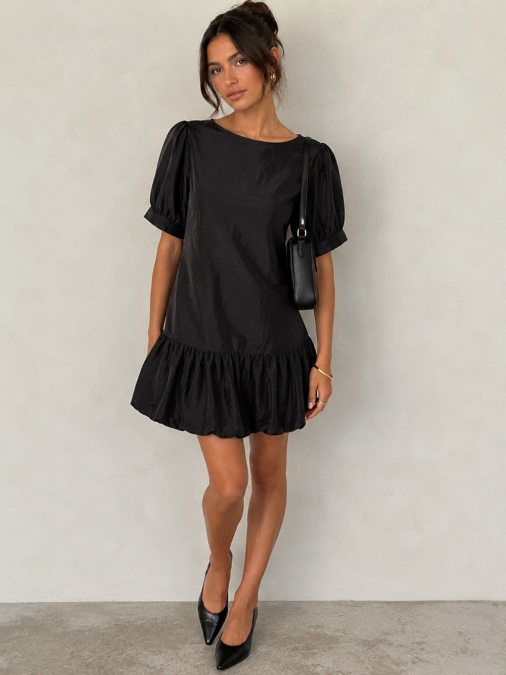 Aware Black Puff-Sleeve Mini Dress with Ruffle Hem |M|